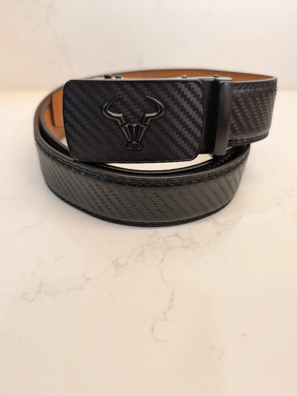 BULLIANT Men’s Black Ratchet Belt Carbon Fiber Style Buckle Adjustable